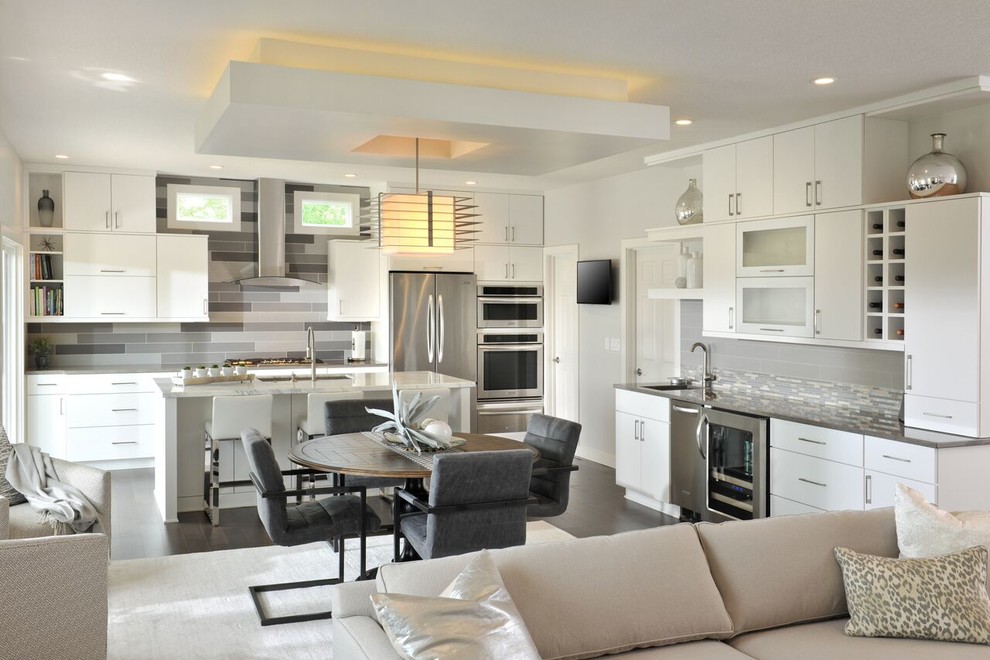 Great room - mid-sized transitional dark wood floor and brown floor great room idea with gray walls