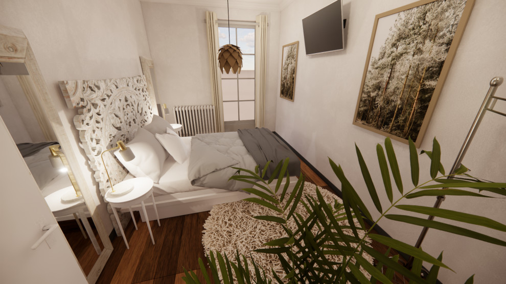 Foto de dormitorio bohemio de tamaño medio sin chimenea con paredes blancas, suelo de madera en tonos medios y suelo marrón