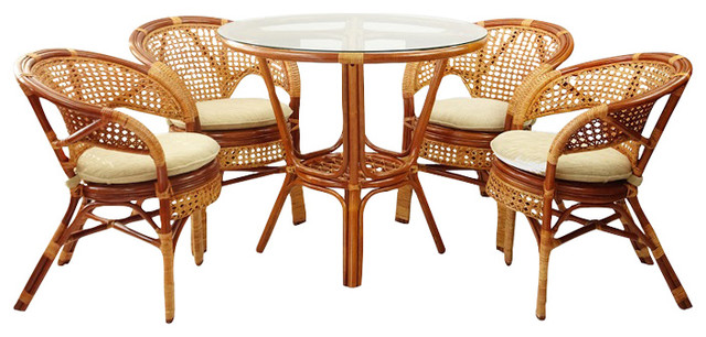 5 Piece Pelangi Dining Rattan Wicker, Wicker Dining Table With Glass Top