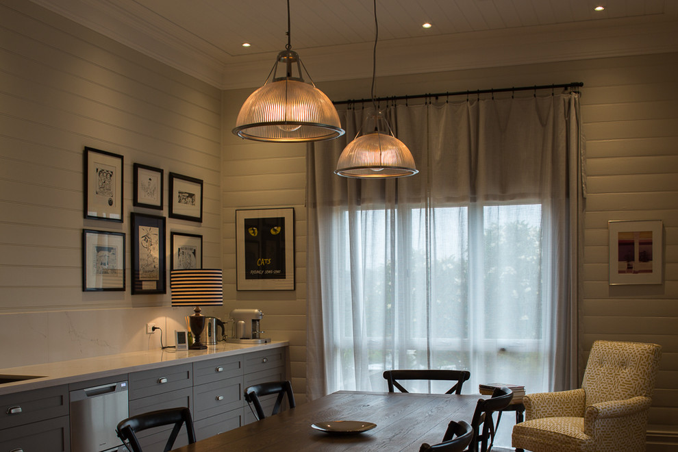 Design ideas for a mid-sized contemporary galley eat-in kitchen in Sydney with beaded inset cabinets, grey cabinets, marble benchtops, white splashback, marble splashback, stainless steel appliances, medium hardwood floors and no island.