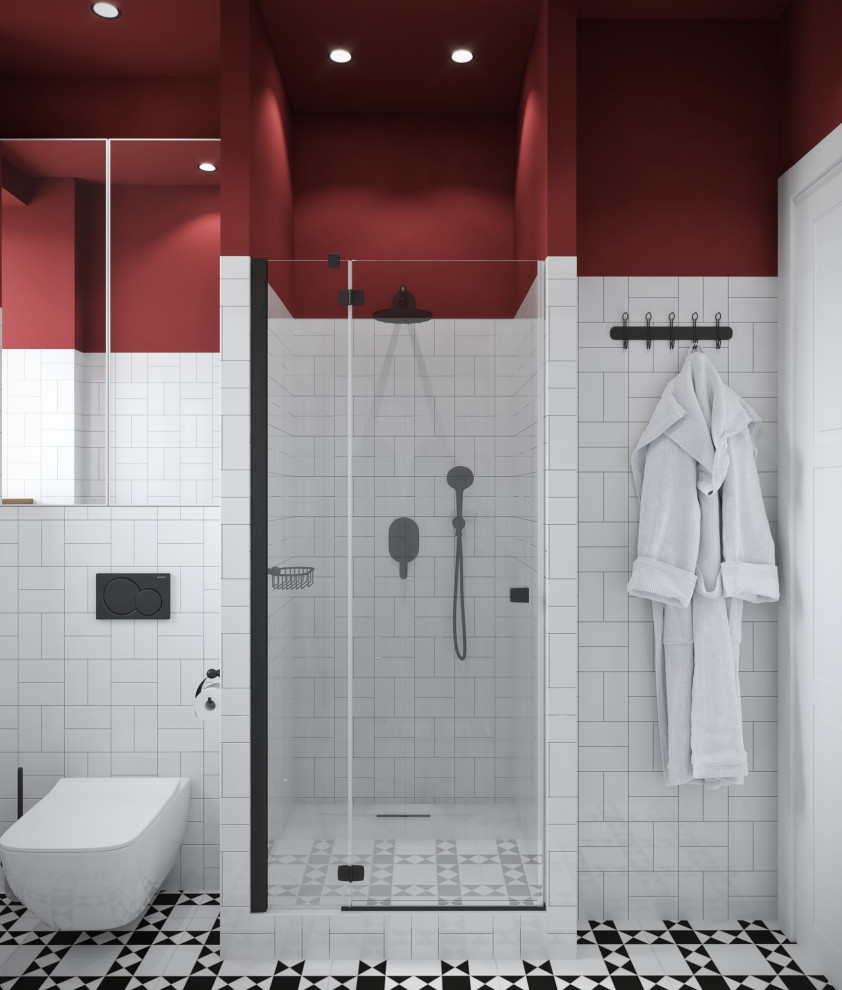 Источник вдохновения для домашнего уюта: узкая и длинная ванная комната в скандинавском стиле с душем в нише, инсталляцией, белыми стенами, душевой кабиной и душем с распашными дверями