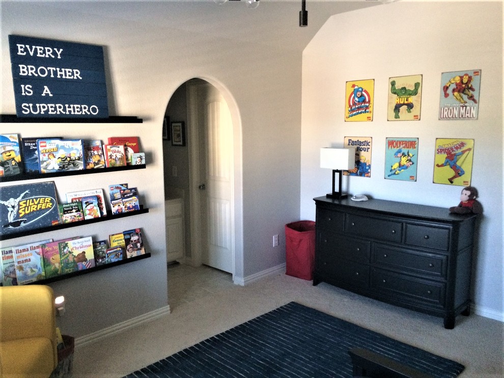 Mid-sized transitional kids' bedroom in Dallas with grey walls and carpet for kids 4-10 years old and boys.