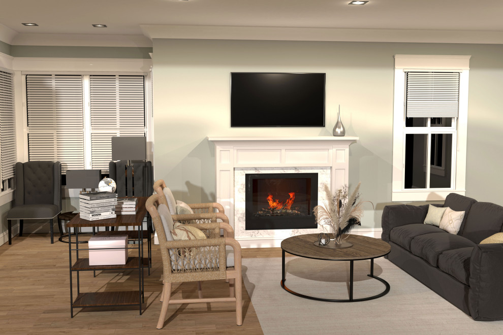 Design ideas for a mid-sized midcentury enclosed family room in New York with green walls, laminate floors, a standard fireplace, a plaster fireplace surround, a wall-mounted tv, brown floor and wallpaper.
