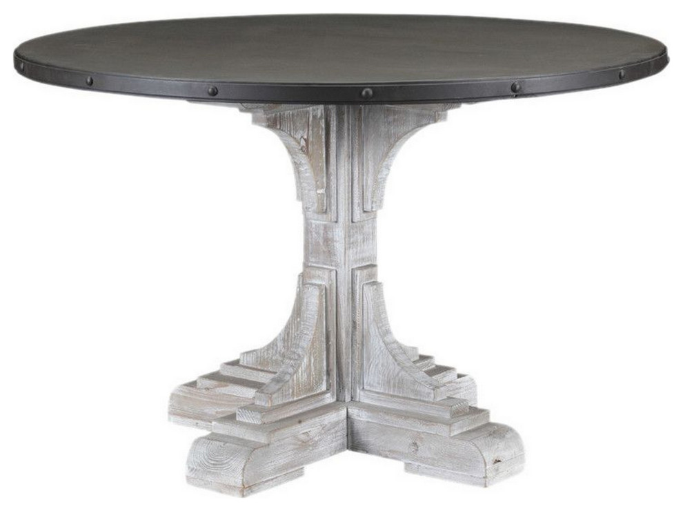 Rivets Round Metal Top Dining Table With Pedestal Base, Brown and Gray