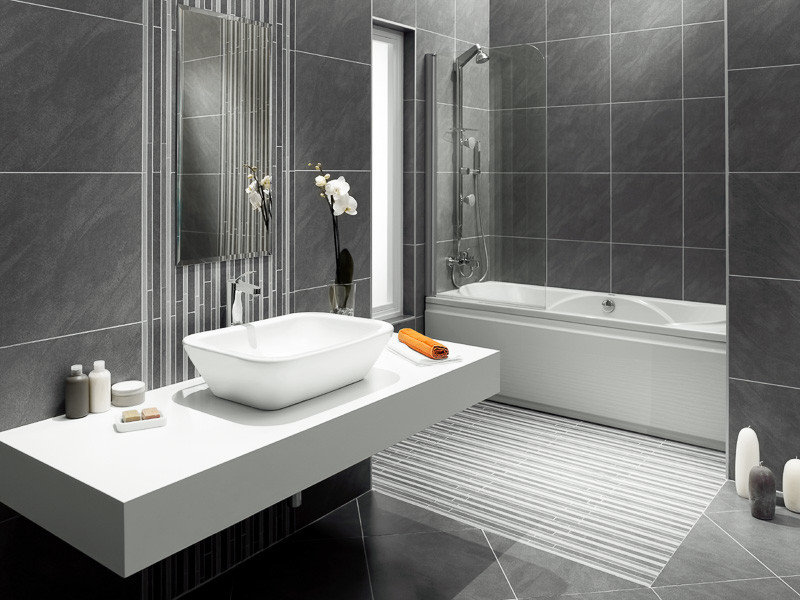 Alcove bathtub - large transitional master gray floor alcove bathtub idea in Denver with gray walls and a vessel sink