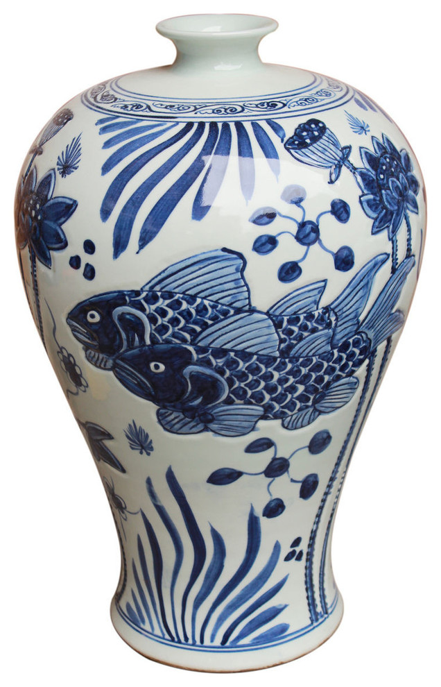 Blue and White Porcelain Fish Motif Ginger Jar 9" 