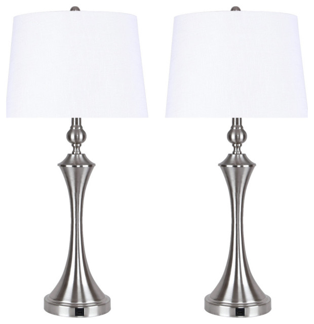 31" Brushed Nickel Table Lamps With USB Port in & White Linen Shade, Set of 2 Traditional