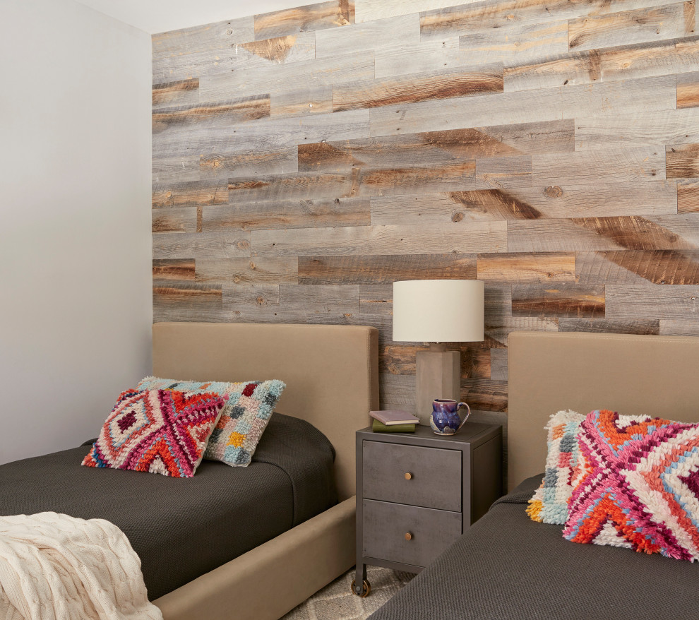 Modern Bohemian Revival - We applied a Stikwood wall in the guest room, paired with neutral furnishings and colorful accessories.