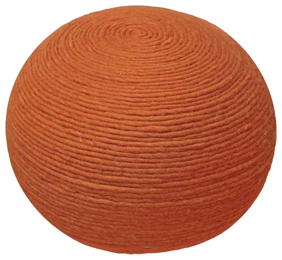 Ellie Round Pouf in Orange Wool With Polyester Filling Contemporary