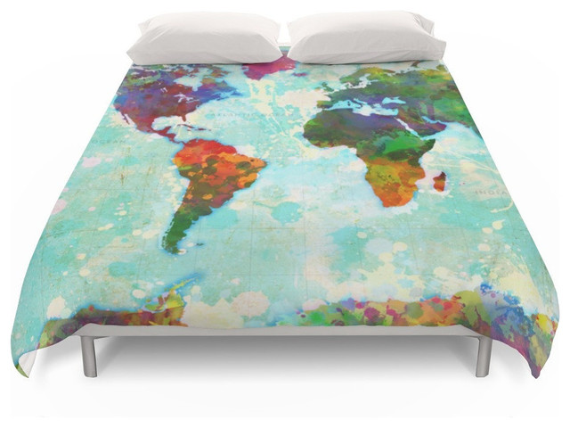 Abstract Watercolor World Map Duvet Cover Contemporary Duvet