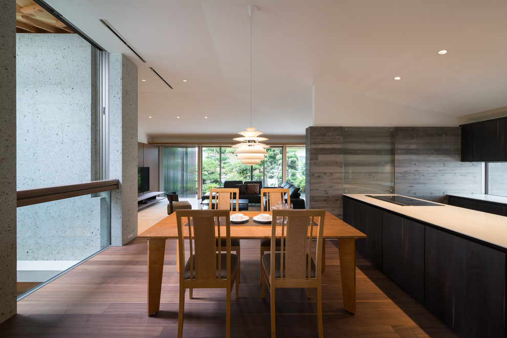 Inspiration for an asian open plan dining in Tokyo Suburbs with grey walls, dark hardwood floors and no fireplace.