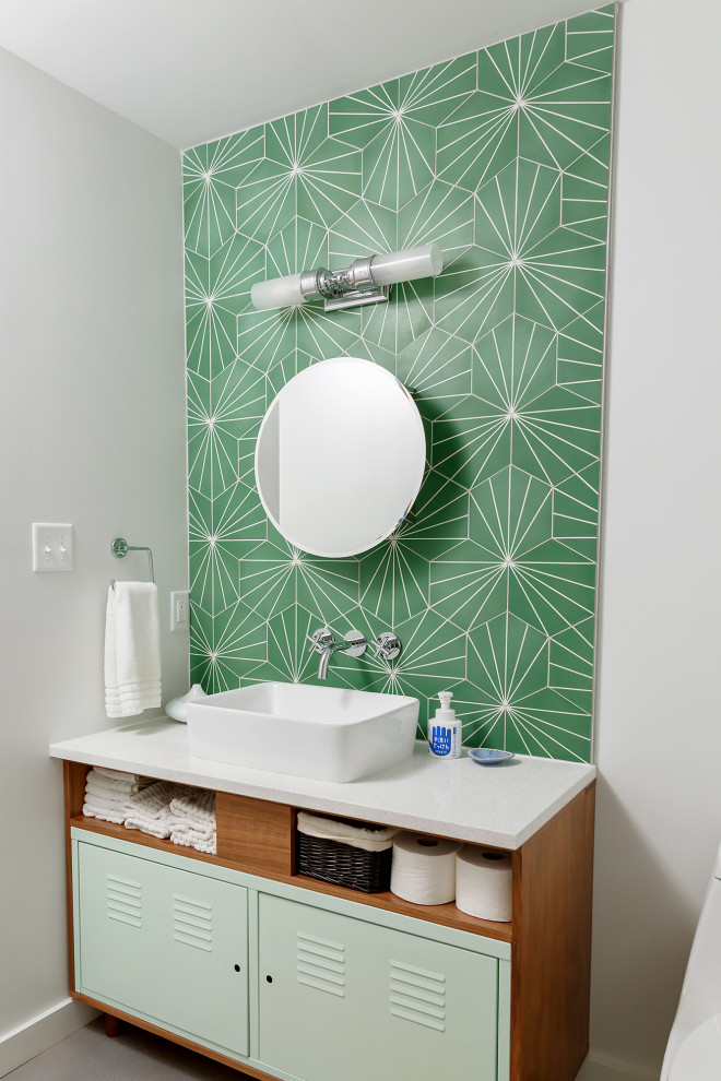 This is an example of a mid-sized midcentury kids bathroom in Austin with an alcove shower, cement tile, a vessel sink, engineered quartz benchtops, a shower curtain, a single vanity and a built-in vanity.