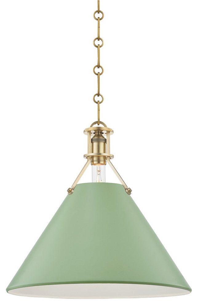 Painted No.2 Large 1-Light Pendant, Aged Brass, Leaf Green Shade