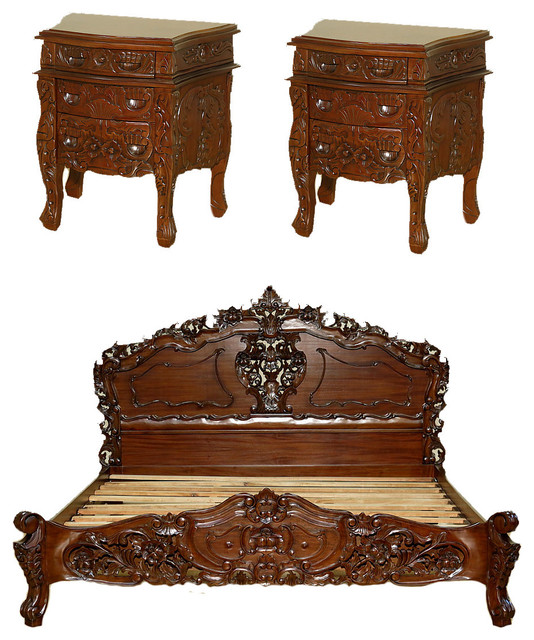 Solid Mahogany French Rococo Carved King Bed Set With 2 Nightstands Solid Mahogany French Rococo Carved King Bed Set With 2 Nightstands 3 Piece Victorian Bedroom Furniture Sets By Mbw