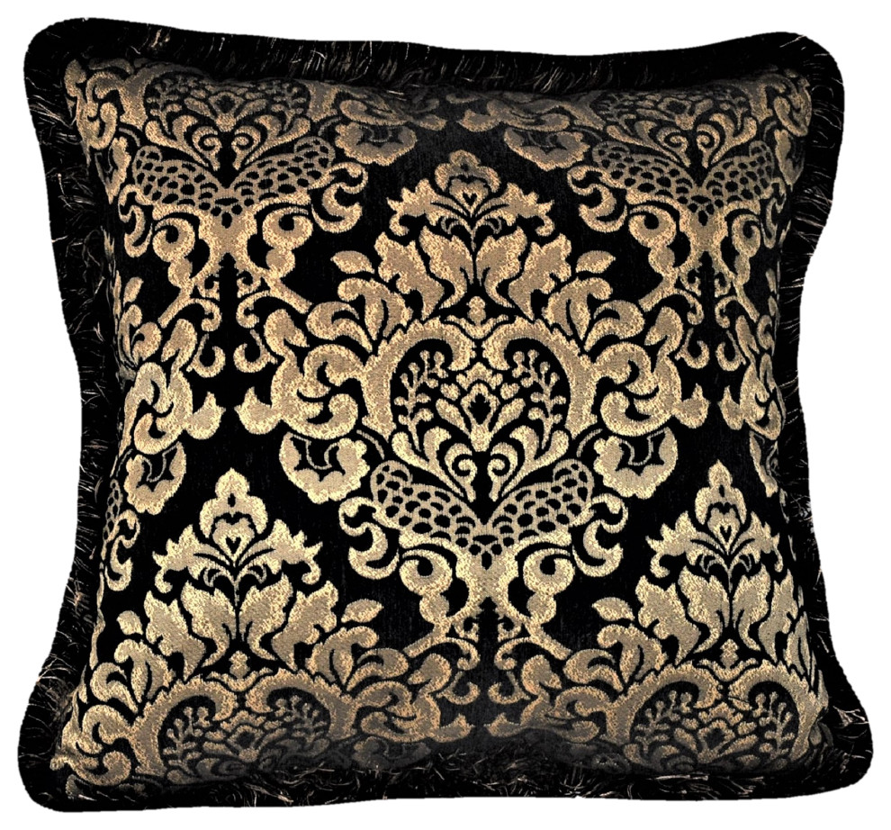 Floral Medallion Throw Pillow With Fringe, Black/Gold, 20x20
