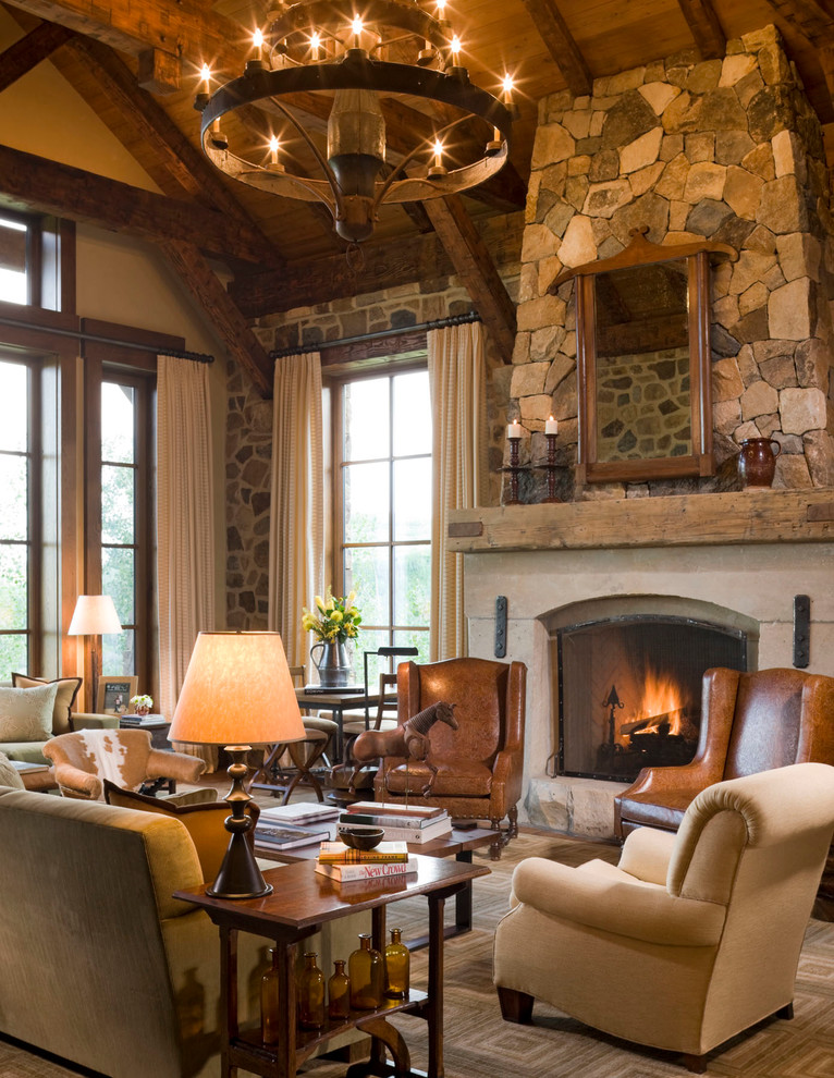 This is an example of a large country formal enclosed living room in San Francisco with medium hardwood floors, a standard fireplace and a stone fireplace surround.