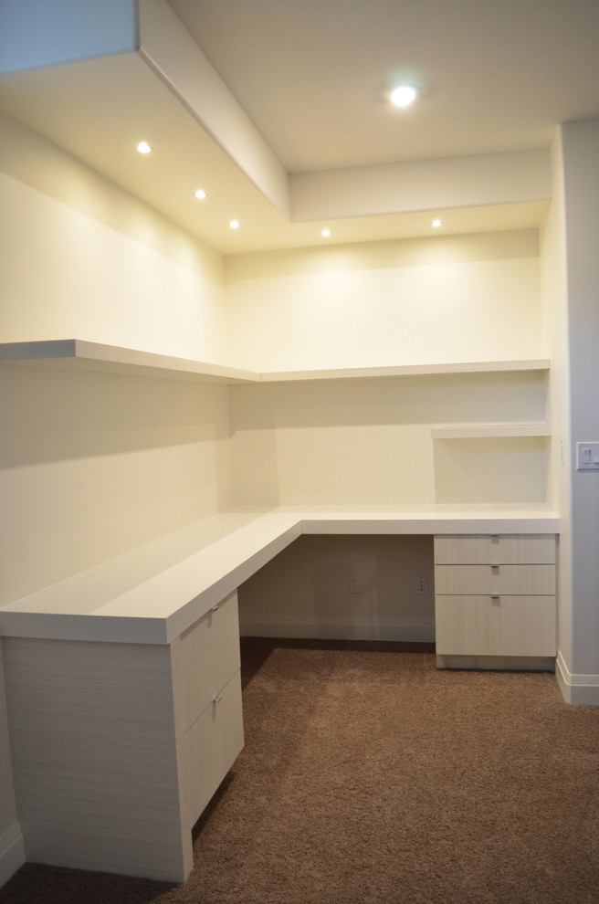 Example of a transitional carpeted basement design with gray walls