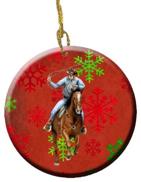 Horse Roper Red Snowflakes Holiday Christmas Ceramic Ornament