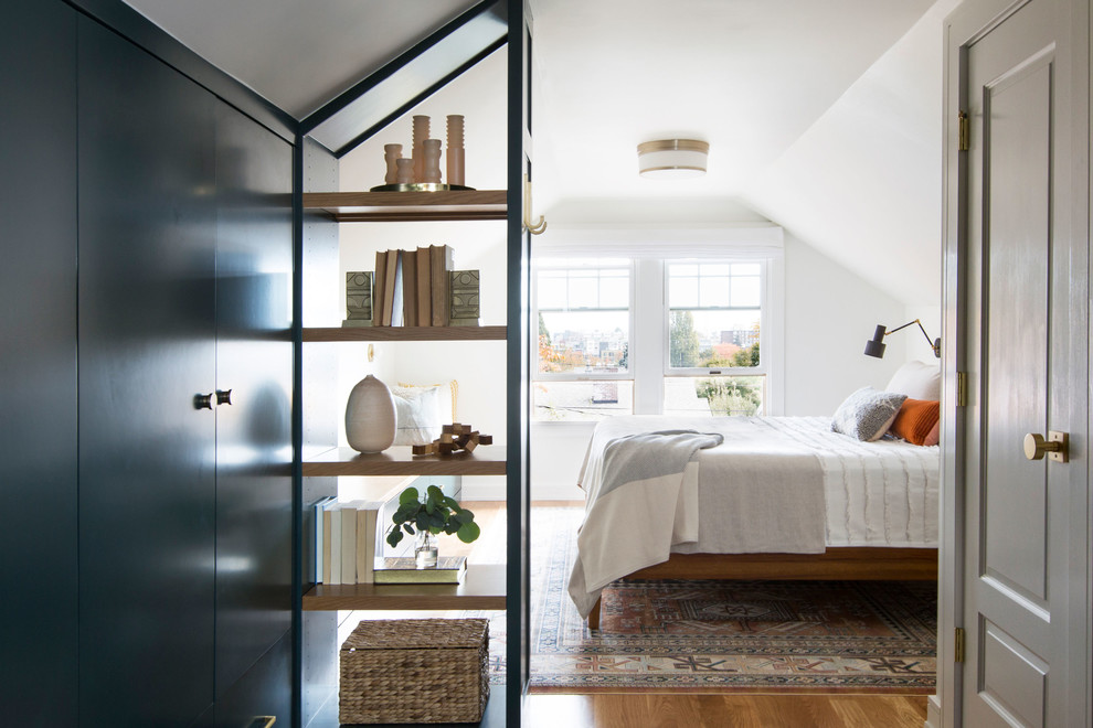 Transitional bedroom in Portland with white walls, medium hardwood floors and brown floor.