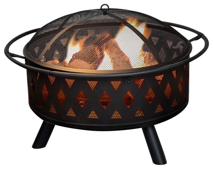 Pure Garden 32 inch Round Crossweave Fire Pit with Cover - Black