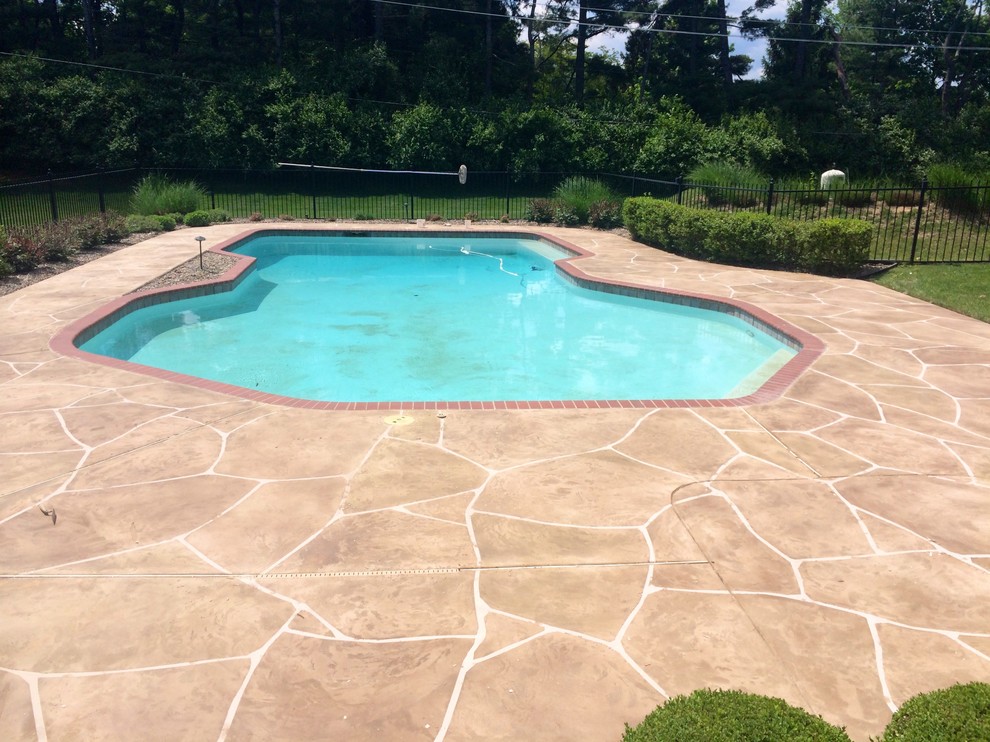 Photo of a mid-sized mediterranean backyard custom-shaped natural pool in St Louis with stamped concrete.