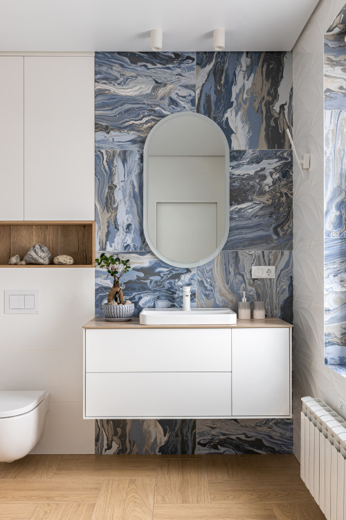 Blue Large-format Tiles with White Vanity