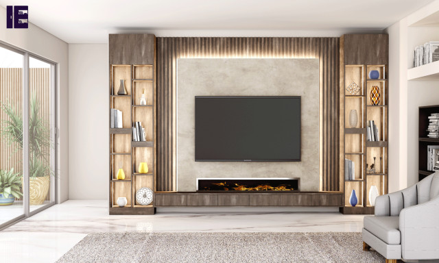 Wall Mounted TV Unit in Raw Steel with Bookcase Storage | Inspired Elements  - Modern - Home Cinema - London - by Inspired Elements Ltd | Houzz UK