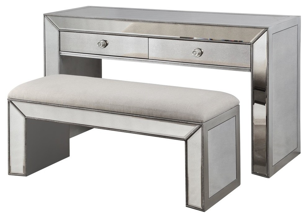 Vanity Console Table With Bench Silver, Mirrored Vanity Tables