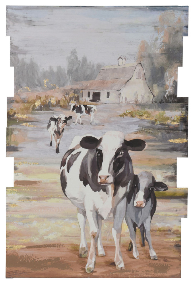 Country Cow Farmhouse Layered Wood Canvas Wall Art Hand Painted