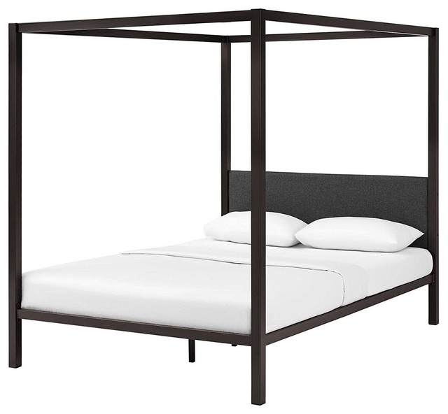 Queen Size Metal Canopy Bed Frame With Upholstered Headboard Queen Size Metal Canopy Bed Frame With Upholstered Headboard Gray Brown