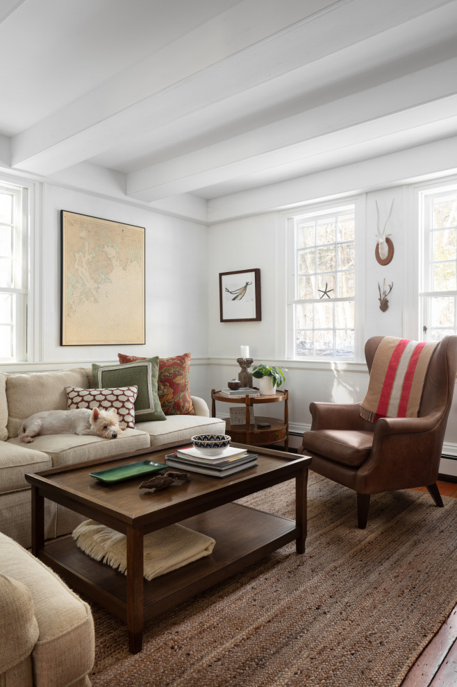 Living room - mid-sized country enclosed dark wood floor, brown floor and exposed beam living room idea in Boston with white walls