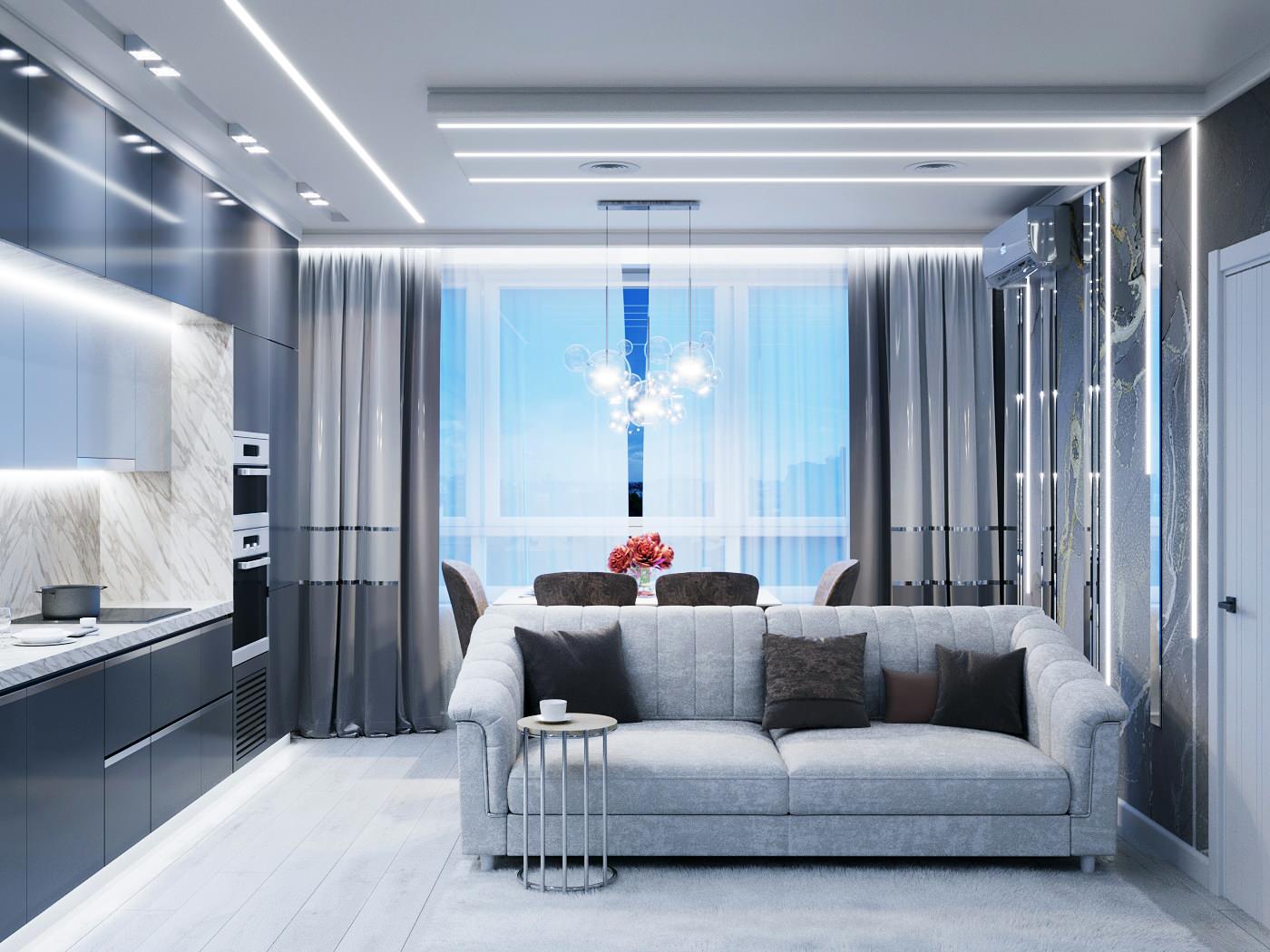 Кухня гостиная с функциональной подсветкой