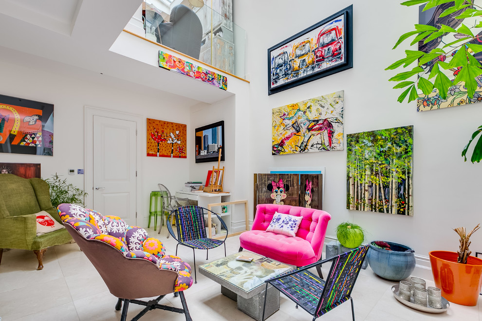 Photo of a mid-sized eclectic loft-style family room in London with white walls and white floor.