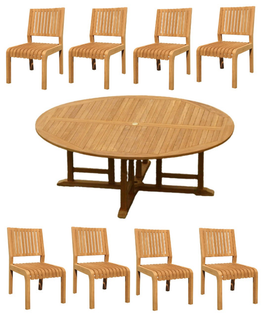 9Piece Outdoor Teak Dining Set 72" Round Table, 8 Maldives Armless