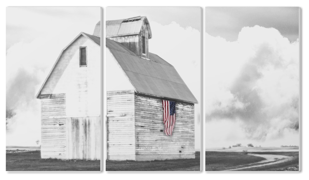 White Barn With American Flag Black Gray Triptych Wall Art Set 11 X17 Farmhouse Wall Accents By Stupell Industries