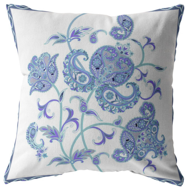 16" Blue White Wildflower Suede Throw Pillow