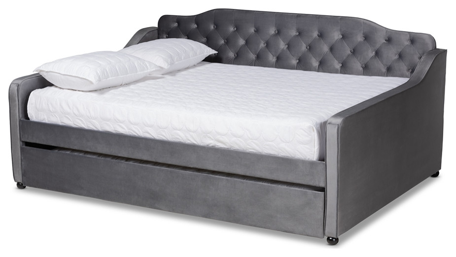 Grey Velvet Fabric Upholstered Button Tufted Queen Size Daybed with