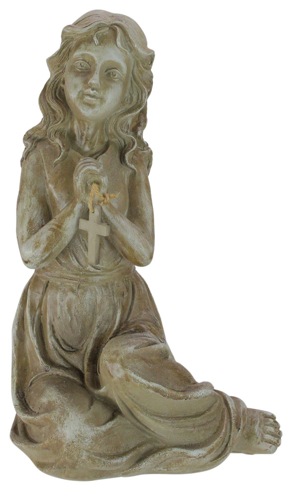 14.5" Inspirational Sitting Angel With Cross Outdoor Patio Garden Statue