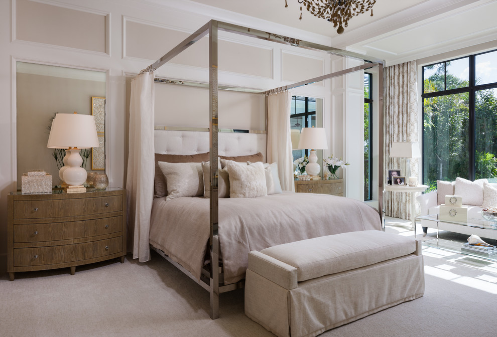 Inspiration for a transitional bedroom in Miami with beige walls, carpet and beige floor.