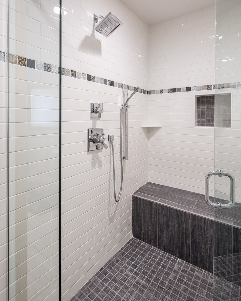 Mid-sized modern master bathroom in Minneapolis with furniture-like cabinets, white cabinets, a freestanding tub, a double shower, gray tile, ceramic tile, green walls, ceramic floors and an integrated sink.