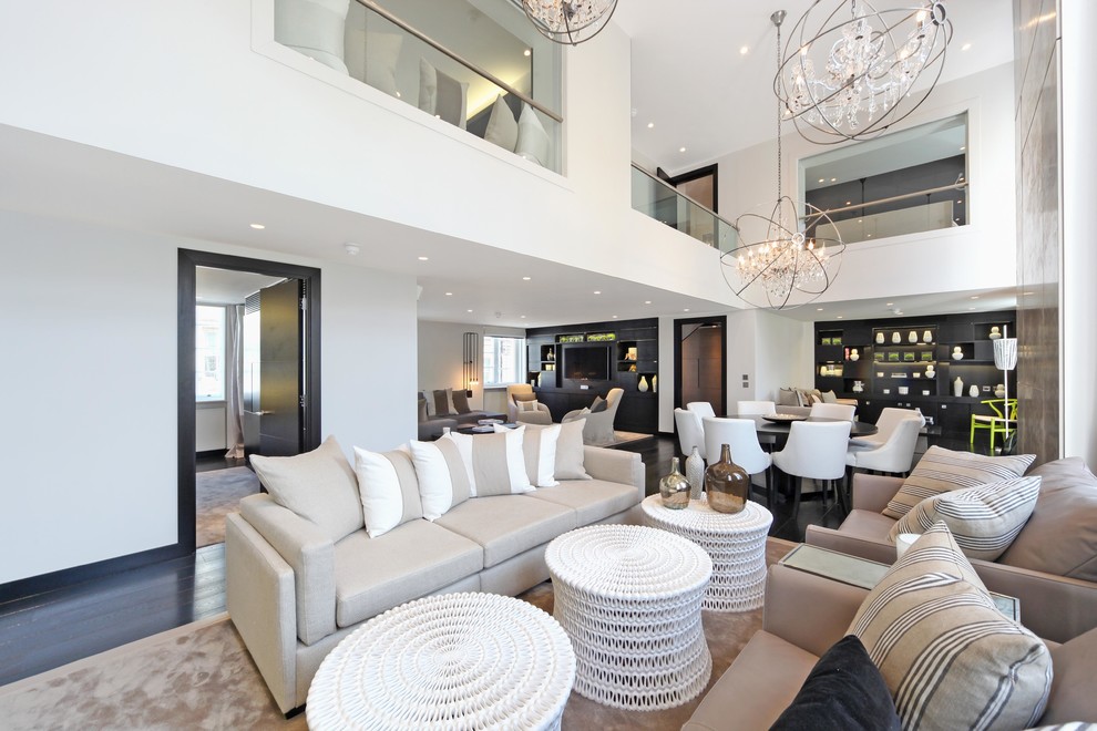 Inspiration for a contemporary formal open concept living room in London with white walls and dark hardwood floors.