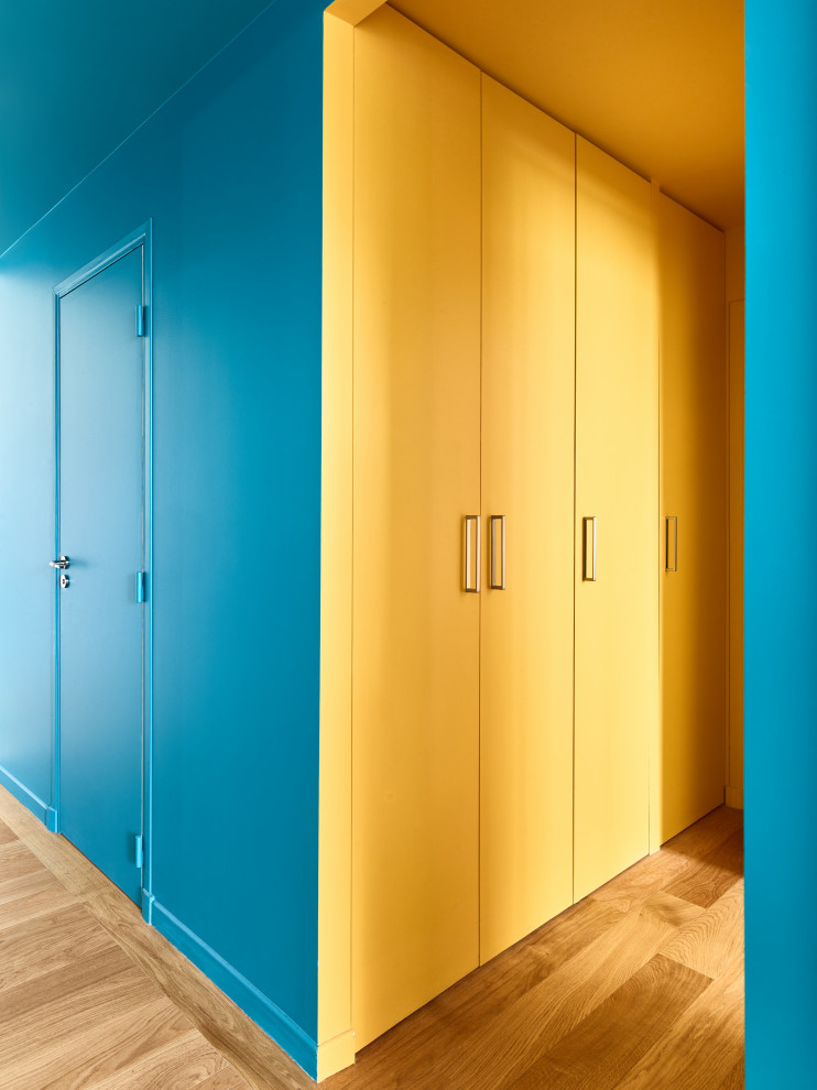 Foto de recibidores y pasillos contemporáneos de tamaño medio con paredes azules, suelo de madera en tonos medios y suelo marrón