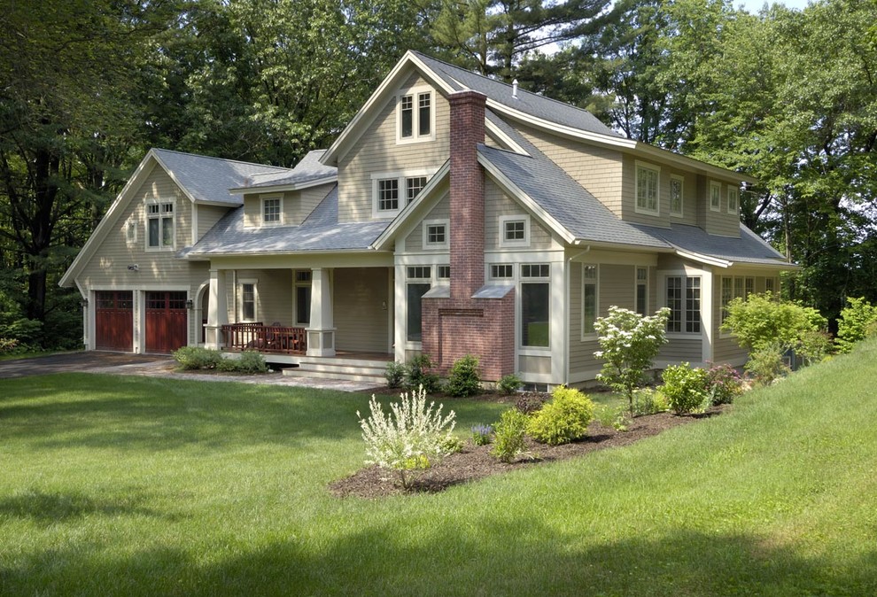 Arts and crafts two-storey beige exterior in Boston with mixed siding.