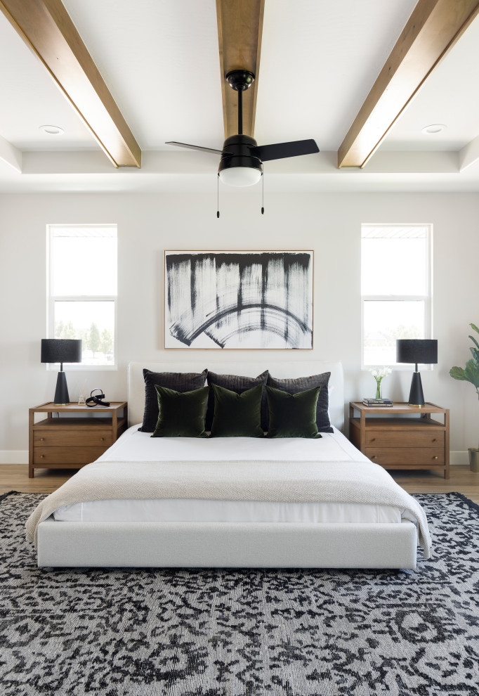 Example of a transitional master bedroom design in Salt Lake City