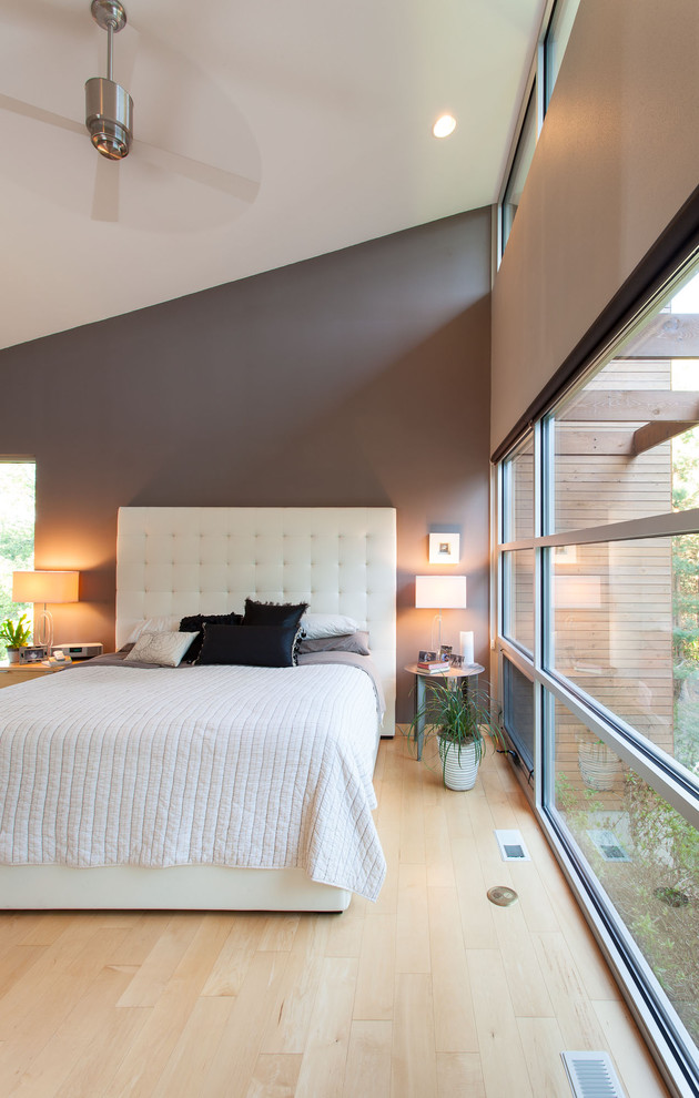 Photo of a modern bedroom in Milwaukee with grey walls and light hardwood floors.