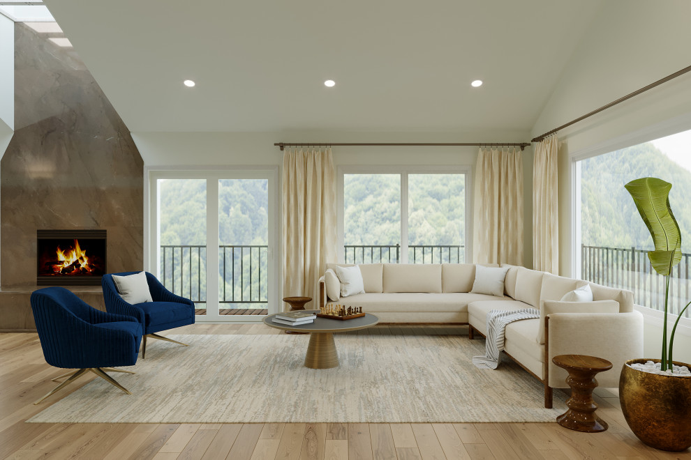 Großes, Repräsentatives Modernes Wohnzimmer im Loft-Stil mit weißer Wandfarbe, braunem Holzboden, Kamin, Kaminumrandung aus Stein, beigem Boden und gewölbter Decke in San Francisco