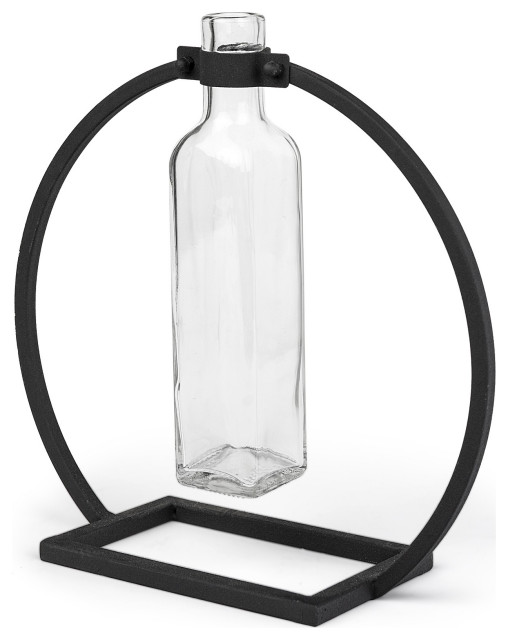 Modern Industrial Black Rectangle Metal and Glass Vase Industrial
