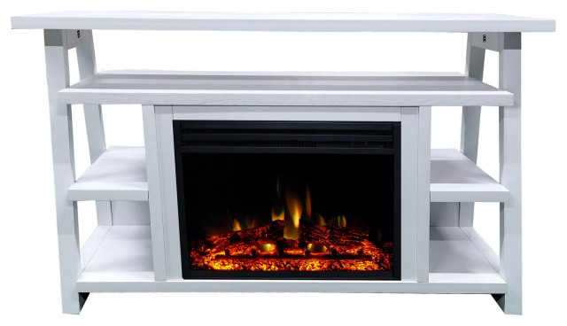 32" Industrial Chic Electric Fireplace Heater, Deep Log Display, White/White