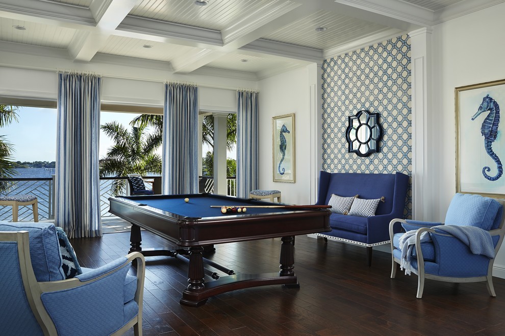 This is an example of a beach style family room in Miami with multi-coloured walls, dark hardwood floors and brown floor.
