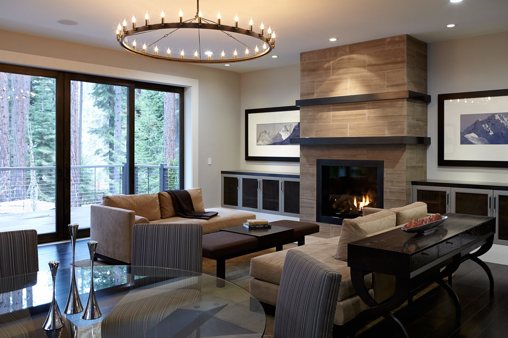 Large contemporary open concept living room in San Francisco with white walls, dark hardwood floors, a standard fireplace, a tile fireplace surround and no tv.